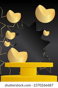 Black, yellow and gold mockup product display. Vector cylinder pedestal podium, Stage showcase for presentation.