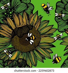 black and yellow graphic flowers seamless pattern. vector illustration. Ethnic floral , Indian elements. vintage floral background with bees.