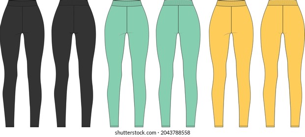  Black, Yellow, Green Slim Fit Leggings Pants Fashion Flat Sketch Vector Illustration Template Front, Back View Isolated On White Background. Girls Long Legging Mock Up For Women's Unisex CAD.