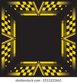 Black and yellow grunge checkered flags frame isolated on black background