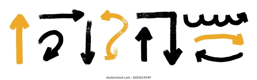 black and yellow Hand-draw brush arrows with doodle marks. Flat vector illustration isolated on white background.