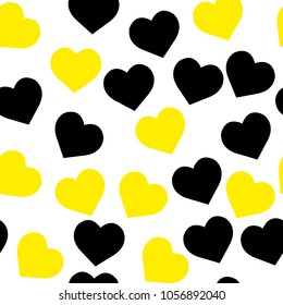 Black and yellow heart elements on whate background, Love repeated backdrop for girl, textile, clothes, wrapping paper. Vector illustration. Valentine s day. Romantic seamless.