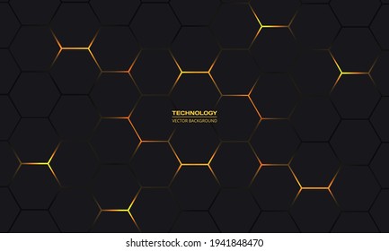 Schwarz-gelbe hexagonale Technologie, Vektorgrafik abstrakter Hintergrund. Gelbe helle Energie blinkt unter Hexagon in der modernen Technologie futuristische Hintergrundgrafik. Dunkelgraues Wabengefüge.