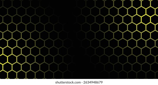 Black and yellow hexagonal technology vector abstract background. Yellow bright energy flashes under hexagon in modern technology futuristic background illustration. Dark gray honeycomb texture grid.