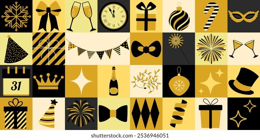 A black and yellow image of various party decorations including a crown, balloons, and a clock. The image is a collage of different shapes and sizes