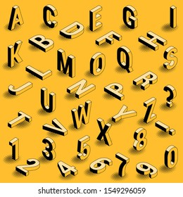 Black And Yellow Ink Drawing Styled Isometric Type Font Letters Design Element Set With Black Dot Raster Shadows.