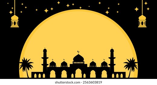 Black Yellow Islamic graphic background with Moon, Mosque and Lantern. Copy space area design for Banner, Poster, Social Media, Greeting Card.