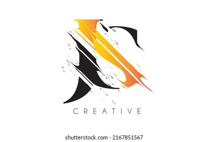 Black and Yellow JS Letter Logo with Vintage Grundge Cut Design. Destroyed Drawing Elegant Letter Icon Vector. 