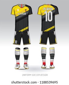 Black and yellow layout football sport t-shirt design. Template front, back view. Soccer kit national team shirt mock up. Vector Illustration.