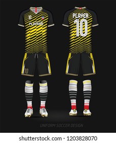 Black and yellow layout football sport t-shirt design. Template front, back view. Soccer kit national team shirt mock up. Vector Illustration.
