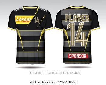 Black and yellow layout football sport t-shirt design. Template front, back view. Soccer kit national team shirt mock up. Vector Illustration.