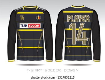 Black and Yellow layout football sport t-shirt design. Template front, back view. Soccer kit national team shirt mock up. Vector Illustration.