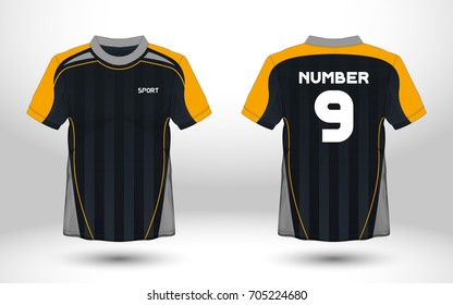 Black and yellow layout football sport t-shirt design. Template front, back view. Soccer kit national team shirt mock up. Vector Illustration.