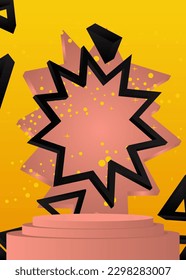 Black, yellow and light red, pink colored cylinder pedestal podium. Mockup stage showcase. Abstract minimal geometric product display for presentation.