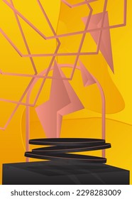 Black, yellow and light red, pink colored cylinder pedestal podium. Mockup stage showcase. Abstract minimal geometric product display for presentation.