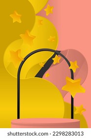 Black, yellow and light red, pink colored cylinder pedestal podium. Mockup stage showcase. Abstract minimal geometric product display for presentation.