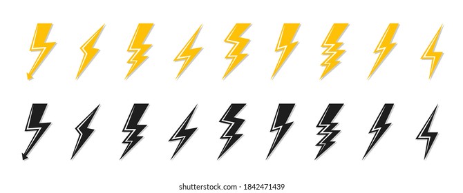 Black and yellow lightning bolt icon set. Electrical strike sign or energy symbol and thunder electricity. Template logo voltage power fast speed. Flash emblem shiny shock Isolated vector illustration