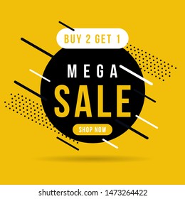 Black and yellow mega sale banner, buy 2 get 1 Vector illustration.