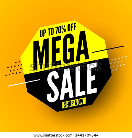 Black and yellow mega sale octagonal banner, up to 70% off. Vector illustration.