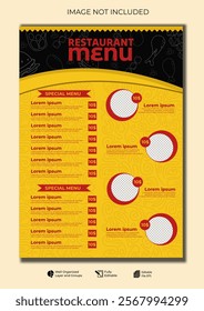 black and yellow modern food restaurant menu layout editable template with batik line background, Food menu social media promotion potrait banner post template, fast food sale layaout editable 