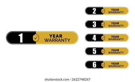 black and yellow modern warranty labels showing 1 to 6 year coverage for product reliability	