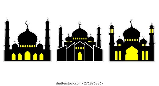 Black and yellow mosque silhouette set with crescent domes and minarets. Islamic architecture vector icons isolated on white background, ideal for Ramadan, Eid, religion, and Muslim design themes.