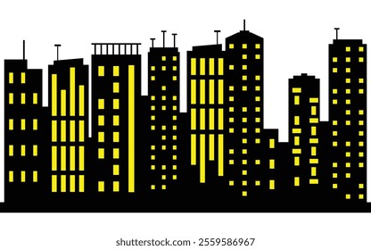 Black and Yellow Night Skyline Silhouette with Modern Urban Buildings and Bright Windows