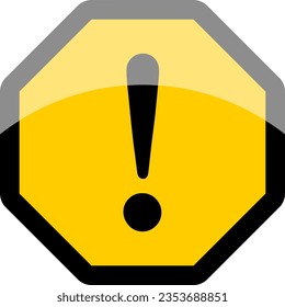 Black and Yellow Octagonal Warning or Attention Caution Sign with Exclamation Mark Icon and 3D Style Shiny Effect. Vector Image.