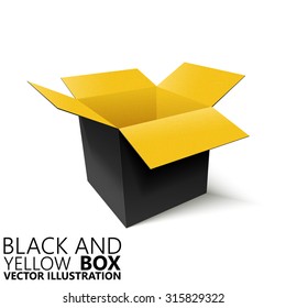 black and yellow open box 3d vector design isolated realistic pasteboard stuff business creative illustration
