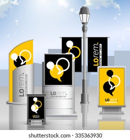 Black and yellow outdoor advertising design for corporate identity with dialog clouds. Stationery set