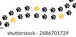 Black and yellow paw print. Cat and dog footprints for a pet vector pattern or animal trail design.