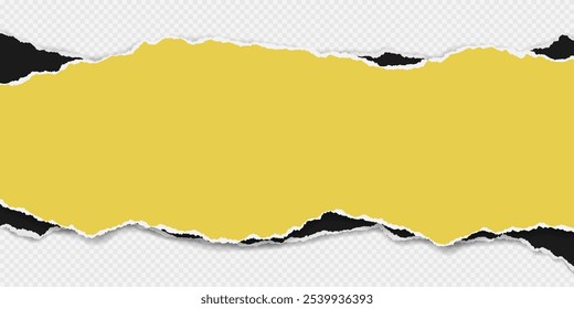 Black, yellow piece of paper with torn edges and soft shadow are on transparent background for text or ad.