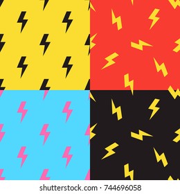 Black, yellow and pink lightning bolts on yellow, red, blue and black backgrounds.  Can be used for sale promotion. Set of 4 seamless pattern in retro comic style. Vector illustration.