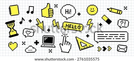 Black yellow pixel icons in retro 8-bit Y2K style. Cool old school digital pack. School and lifestyle elements. Speech bubble, hello, hi text, laptop, lightning, music notes. Fun nostalgic stickers