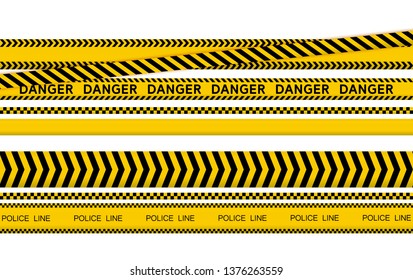 Black and yellow police stripe border, construction, danger caution seamless tapes vector illustration set