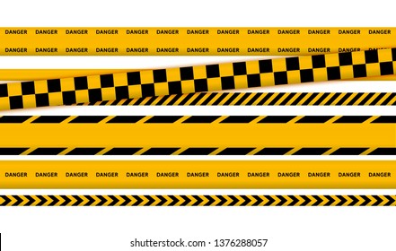 Black and yellow police stripe border, construction, danger caution seamless tapes vector illustration set