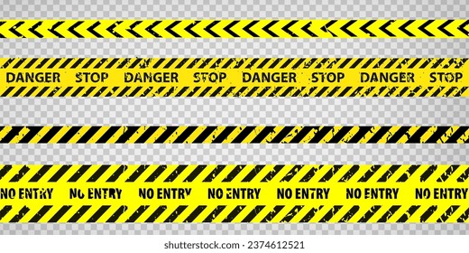 Black and yellow police stripe border, construction, danger caution tapes set. Set of danger caution grunge tapes.  Warning signs for your  design on transparent background. EPS10