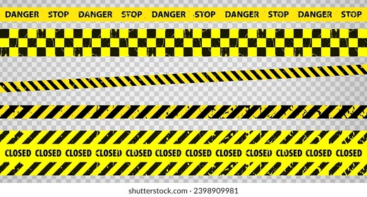 Black and yellow police stripe border, construction, danger, closed caution tapes set. Set of danger caution grunge tapes.  Warning signs for your  design on transparent background. EPS10