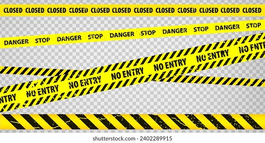 Black and yellow police stripe border, construction, danger, closed caution tapes set. Set of danger caution grunge tapes.  Warning signs for your  design on transparent background. EPS10
