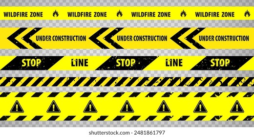 Black and yellow police stripe border, stop line, danger, warning, wildfire zone, caution tapes set. Set of danger caution grunge tapes.  Warning signs for your  design on transparent background. 