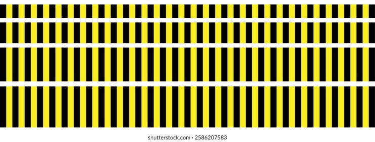 Black and yellow police stripe border, stop line, danger, warning, do not cross, caution tapes set. Set of danger caution tapes. Seamless caution and warning sign tape set.