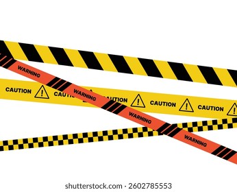 Black and yellow police stripe border, stop line, danger, warning, do not cross, caution tapes set. Set of danger caution grunge tapes.  Warning signs for your  design on transparent background. EPS10