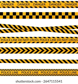 Black and yellow police stripe border, construction, danger caution seamless tapes vector set