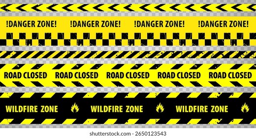 Black and yellow police stripe border, wildfire zone, stop line, road closed, caution tapes set. Set of danger caution grunge tapes.  Warning signs for your  design on transparent background. EPS10