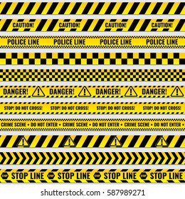 Black and yellow police stripe border, construction, danger caution seamless tapes vector set