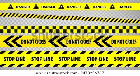 Black and yellow police stripe border, stop line, danger, warning, do not cross, caution tapes set. Set of danger caution grunge tapes.  Warning signs for your  design on transparent background. EPS10