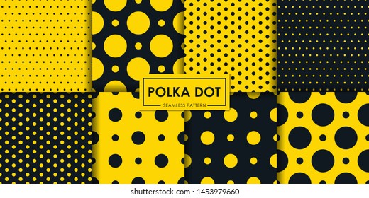 Black And Yellow Polkadot Seamless Pattern Collection, Abstract Background, Decorative Wallpaper.