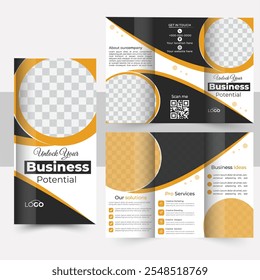 
Black and yellow Professional Business  tri fold brochure vector design. Corporate Design Leaflet with Replaceable Image Shape.