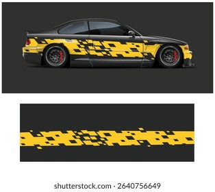Black and yellow racing car wrap design with abstract geometric pattern. Side view and stripe template.