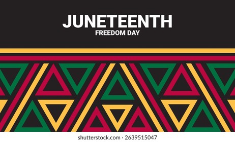A black and yellow and red background with the word "juneeteenth" in white. The background is a triangle